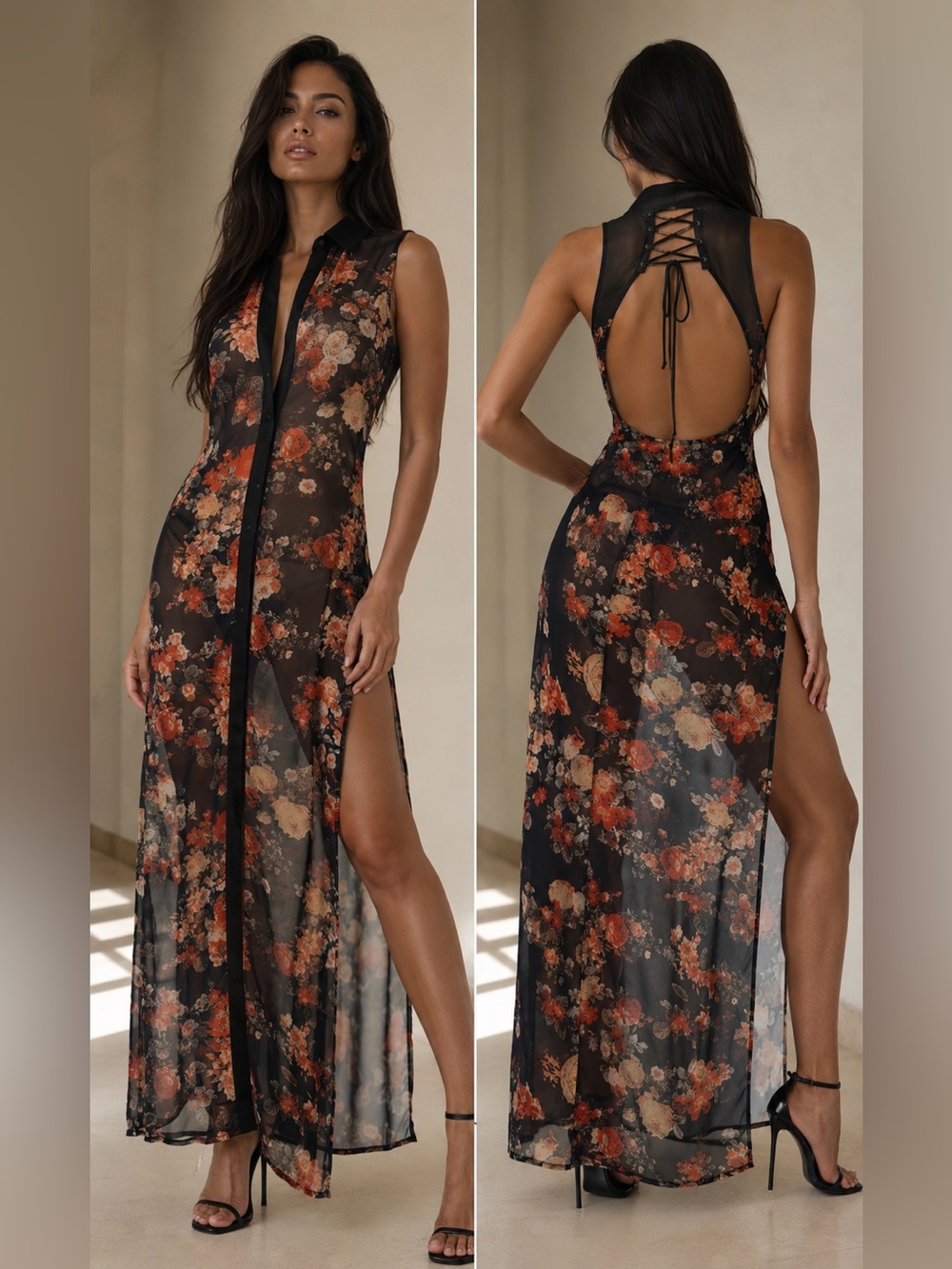 Floral sheer maxi dress size S